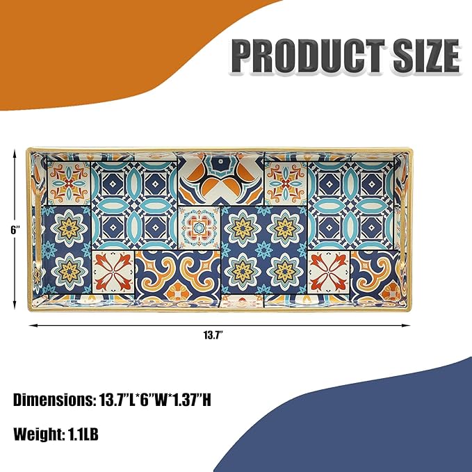 Bathroom Vanity Tray for Countertop, Small Plastic Toilet Tank Tray Versatile Storage & Organization Tray for Makeup, Perfume, Desk, Kitchen, Candles, 13.7"x6"x1.4", 35Boho2