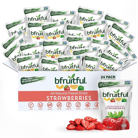 bfruitful Freeze-Dried Strawberries, Freeze Dried Fresh Fruit Bites, Gluten Free, Vegan, Dairy Free, Kosher, No Sugar Added, Non GMO, Healthy Snacks for Kids or Adults, 0.56 oz Single-Serve Snack Packets, 24 Pack