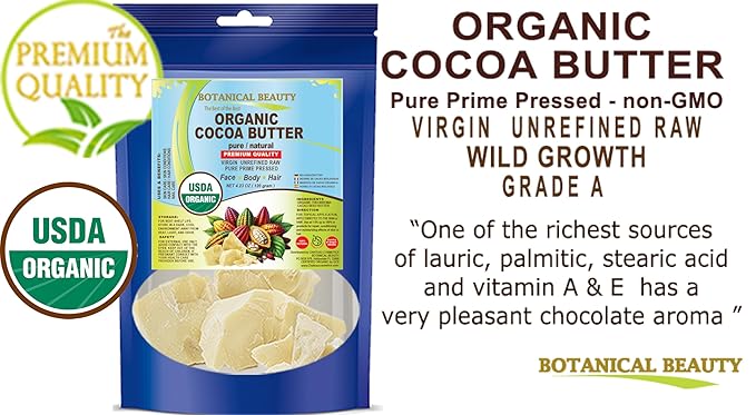 Botanical Beauty Organic COCOA BUTTER WILD GROWTH RAW VIRGIN UNREFINED from BRAZIL for Face, Skin, Hair, Body, Nails 4.23 oz 120 gram. Rich in Vitamin E
