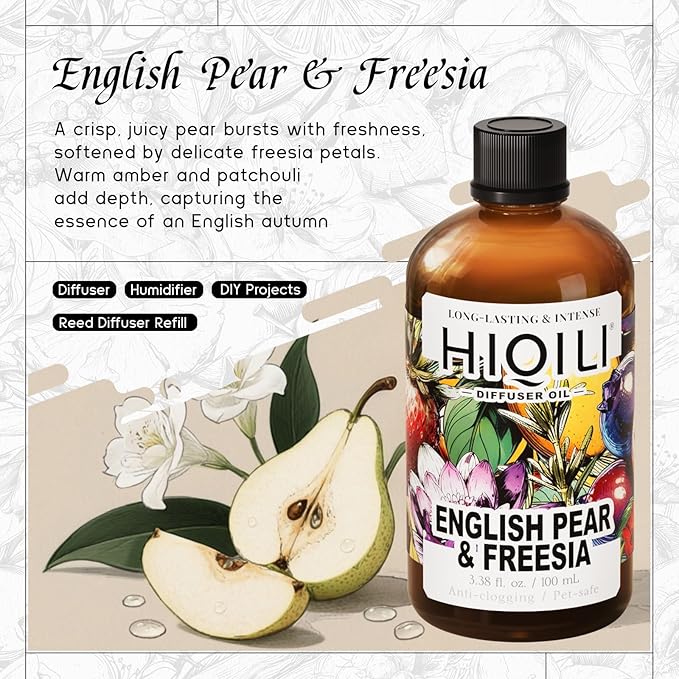 HIQILI English Pear &Freesia Diffuser Oil, Long-Lasting Refill for Humidifiers & Reed Diffusers, Hotel-Grade Scent, Suitable for Home Use - 3.38 Fl Oz