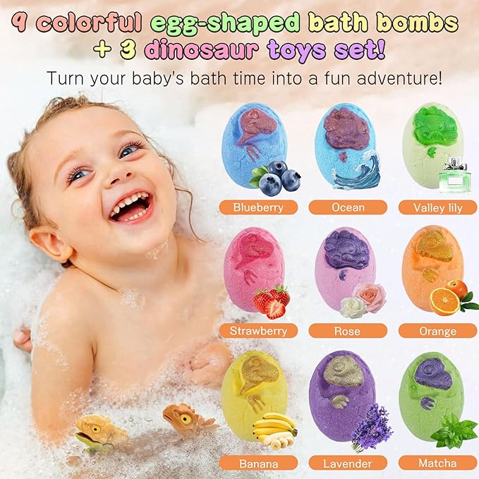 Dinosaur Bath Bomb Set for Kids – 9 Handmade Fizzing Bombs with Surprise Toys + 3 Bonus Toys, Gift Set for Birthday Party, Christmas, Children's Day, Unique Gift Ideas for Boys & Girls