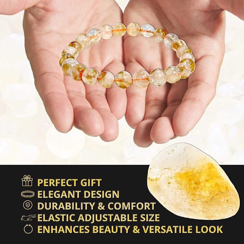 Genuine Citrine Bracelet, Healing Crystal Bracelet for Women and Men, 8mm Round Beaded Bracelet for Spiritual Healing, Protection, Positive Energy, Elastic Adjustable Size Gemstone Bead Bracelet