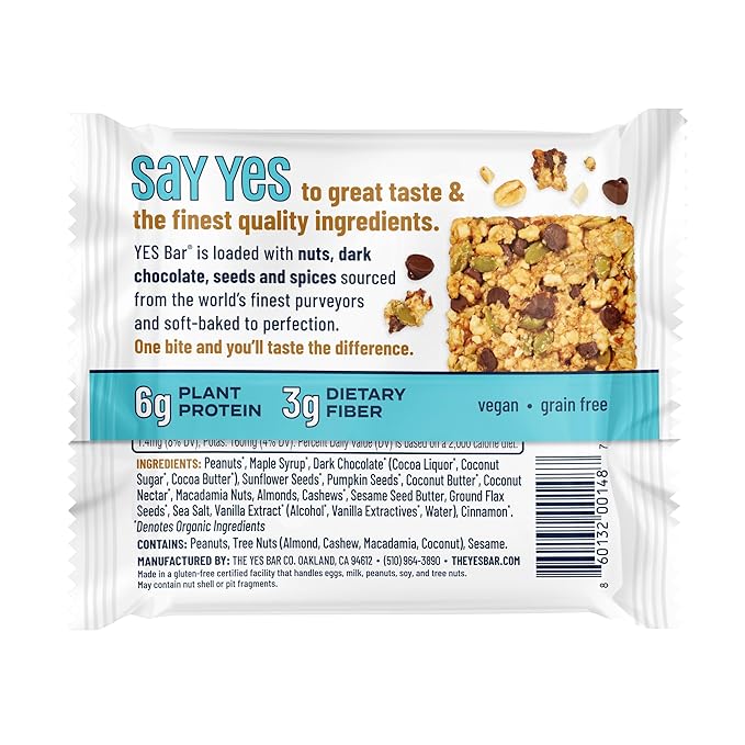 The YES Bar – Peanut Butter Dark Chocolate – Plant Based Protein, Decadent Snack Bar – Vegan, Paleo, Gluten Free, Dairy Free, Low Sugar, Healthy Snack, Breakfast, Low Carb, Keto Friendly (24 Count)