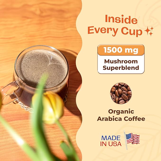 Low-Caffeine Mushroom Coffee (60 Servings) with 7 Superfood Mushrooms, Great Tasting Instant Coffee, Includes Lion's Mane, Reishi, Chaga, Cordyceps, Shiitake, Maitake, and Turkey Tail