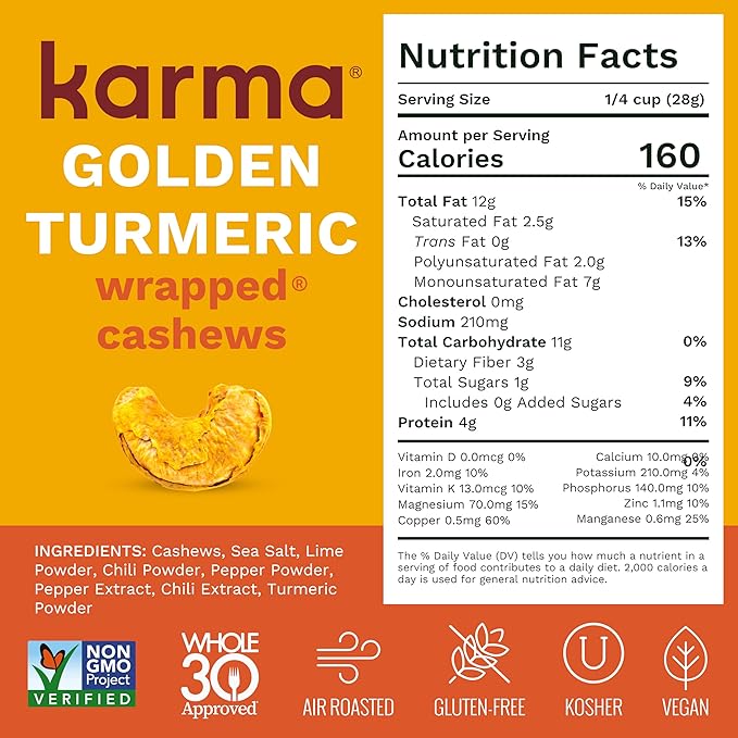 Golden Turmeric Wrapped Whole Cashews by Karma Nuts, Air Roasted with Natural Skins, 2X more Fiber, Whole 30, Peanut-Free Facility, Kosher, Everyday Nut Snack, 7oz Resealable Bag
