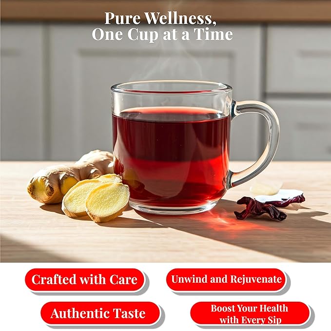 Akshit Hibiscus Ginger Tea, 50Tea Bags, Te De Hibisco, Hibiscus Tea Blend, Non-GMO, No Sugar, Caffeine free. Perfect for Hot or Iced Tea.