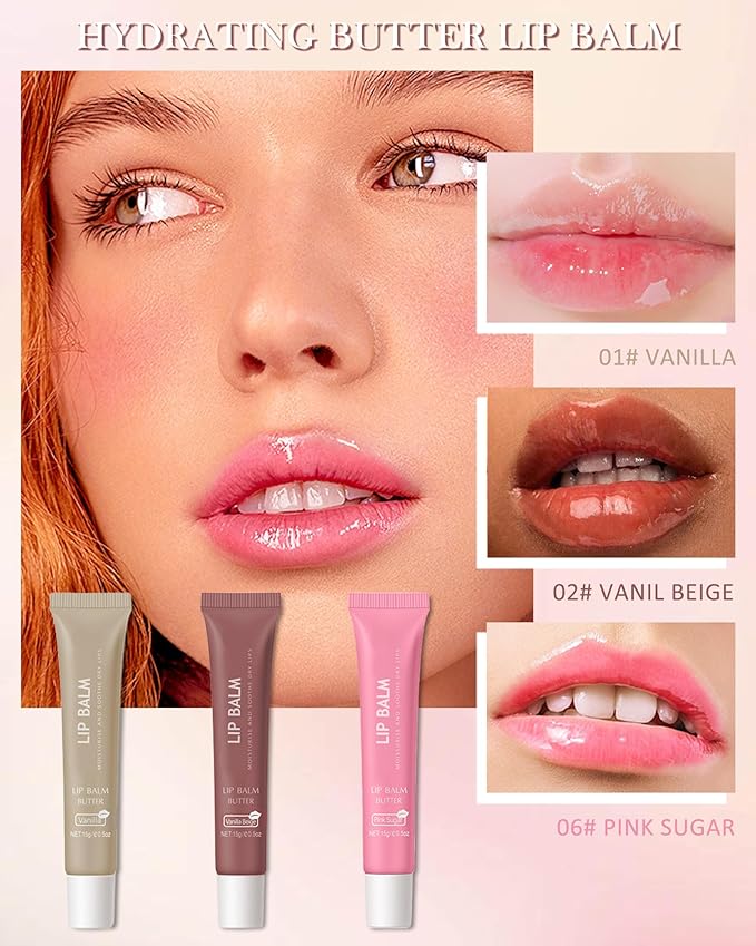 Butter Tinted Lip Balm-3 Colors Vanilla Beige Brown Pink Sugar Lip Gloss,Clear Jelly Yummy Tint Lip Stain,Long Lasting Hydrating Glow Reviver Lip Care Oil,Thanksgiving Makeup Gift for Women-Set A