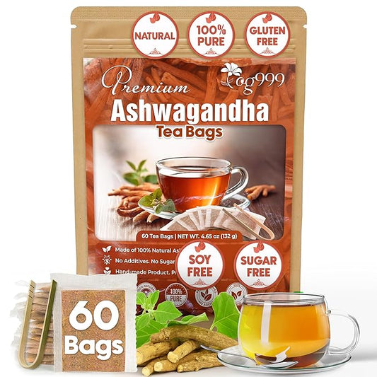 TOG999, Premium 60 Ashwagandha Root Tea Bags, 100% Natural & Pure, Ashwagandha Root Herbal Tea. No Sugar, No Caffeine, No Gluten, Vegan.