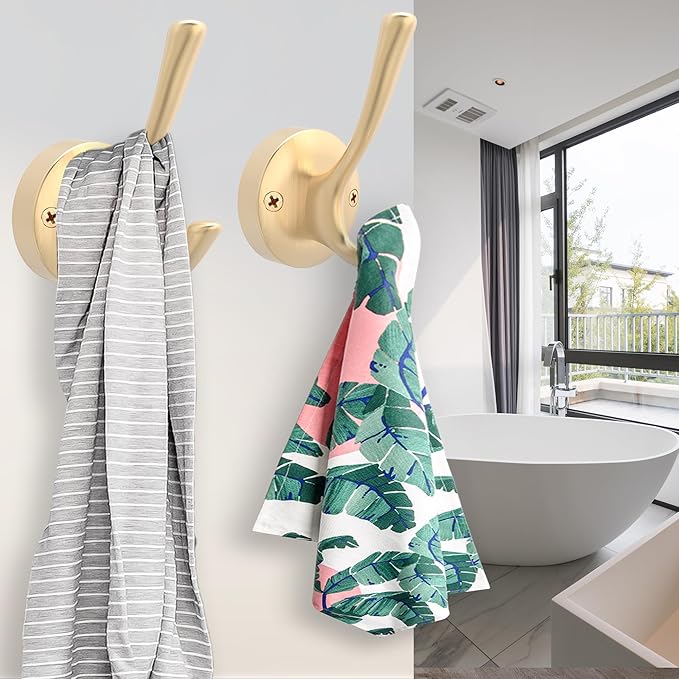 Gold Wall Hooks, 5 Pack Coat Robe Hook Heavy Duty Metal Double Bath Hook Wall Mounted, Hand Towel Hooks for Cubicle Bathroom Kitchen Closet Garage