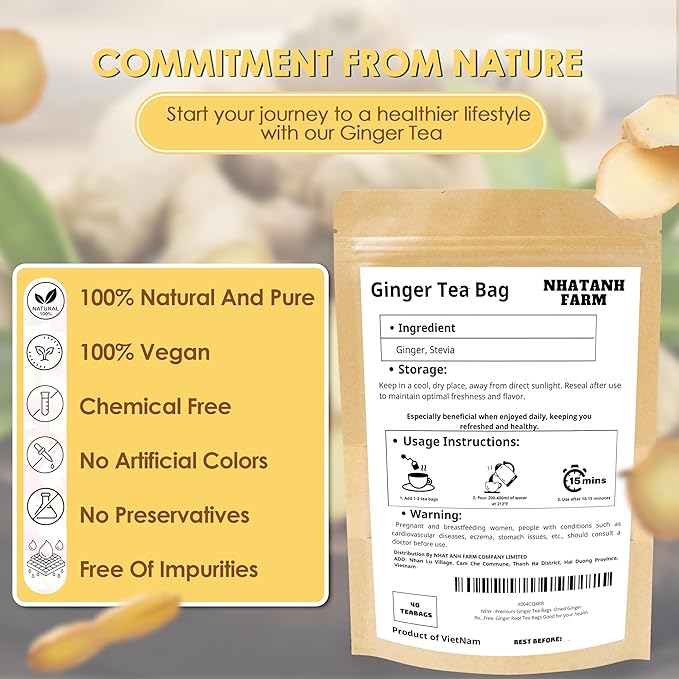 NHAT ANH FARM - Premium Ginger Tea Bags -Dried Ginger Root Tea Bags - 40 Teabags, 2.5g/bag. 100% Natural & Pure, Caffeine Free. Good for your health.