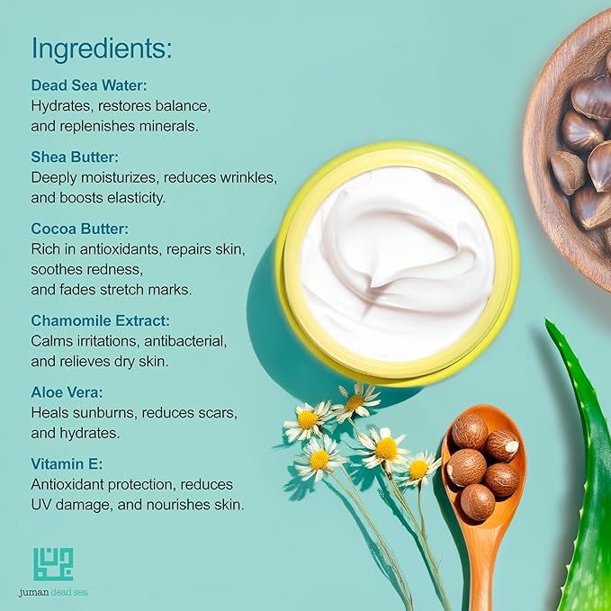 JUMAN Dead Sea Minerals Body Balm | Infused with Active Natural Ingredients & Vitamin E | Plant Rich Shea Butter | Moisturizing Lotion for Dry Skin | Suitable for Sensitive Skin | 7.1oz