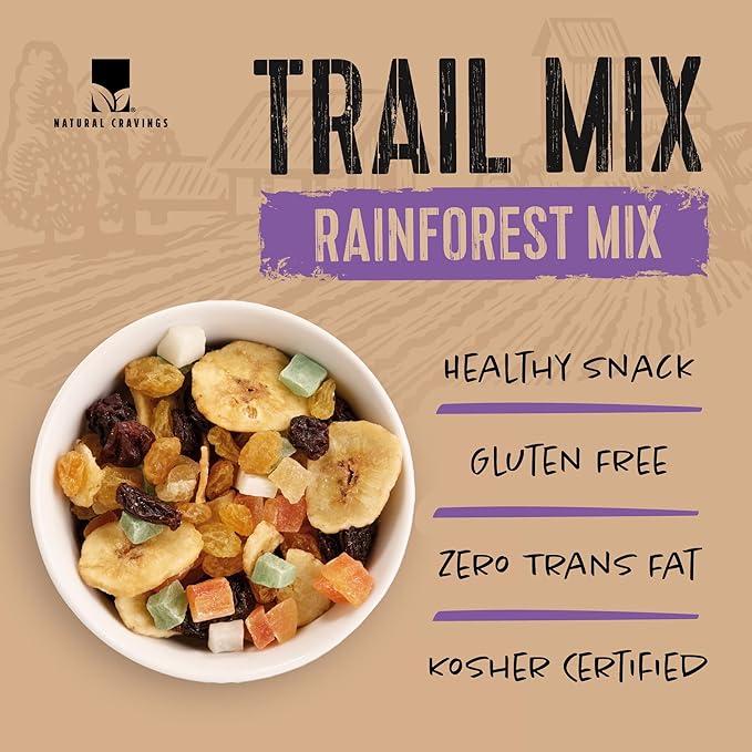 Natural Cravings 24oz Trail Mix Bulk Family Size Bag - Tropical Rainforest Dried Fruit Mix & Assorted Nuts Mix with Dry Pineapple, Banana Chips, Papaya, Raisins, Coconut Chips - Gluten Free Trail mix