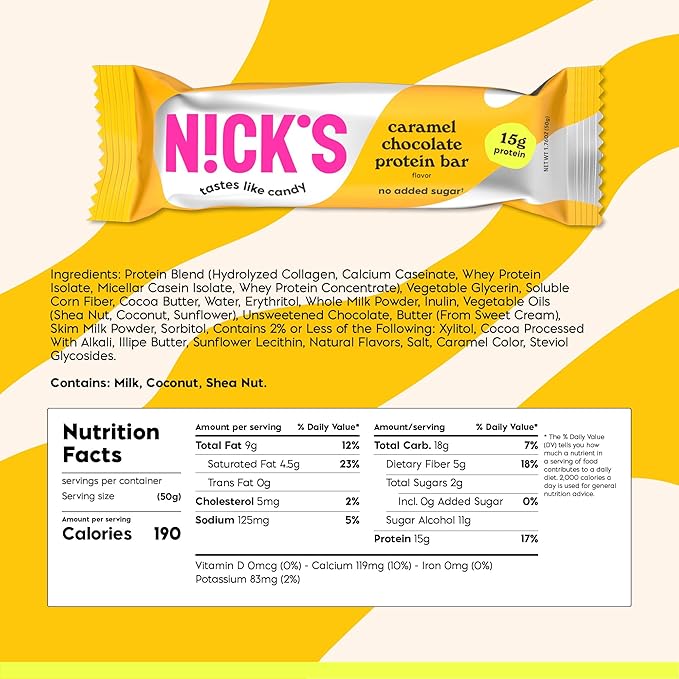 Nick’s Chocolate Caramel Protein Bars – 12-Count Box | High Protein, Low Calories, Low Carbs, Keto Friendly, No Added Sugar