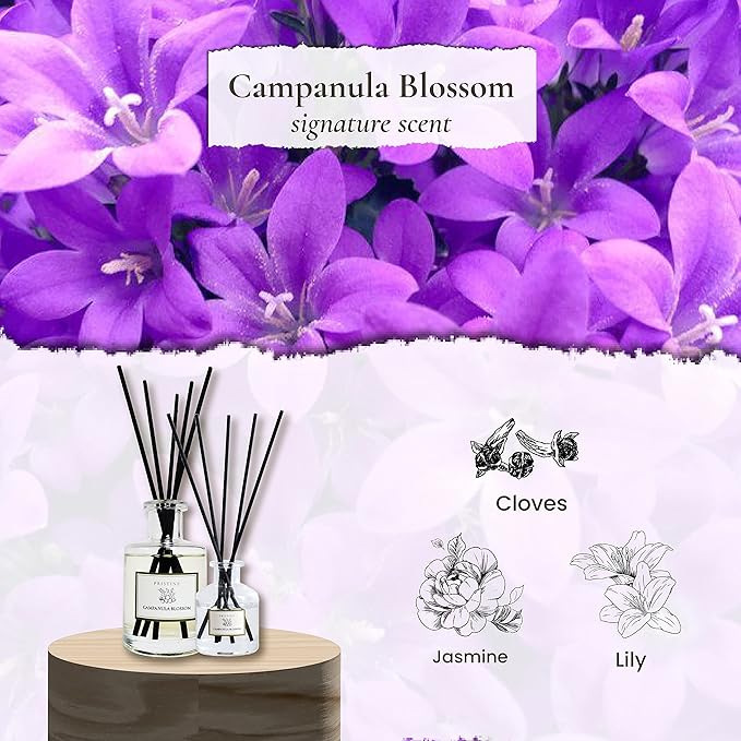 PRISTINE Campanula Blossom/Inspired by Hotel Duke Reed Diffuser for Home | Fresh Blend of Bluebell, Hyacinth, Cloves Reed Diffuser Set, Oil & Reed Diffuser Stick | Home & Office Decor | Fragrance Gift
