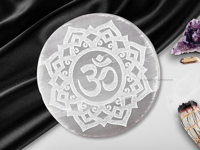 Amazing Gemstone Selenite Crystal Charging Plate For Crystals And Healing Stones, 3" Selenite Crystal Plate Engraved Flower of Life with OM Coaster For Home, Office Table Decor (Selenite Round Disc)