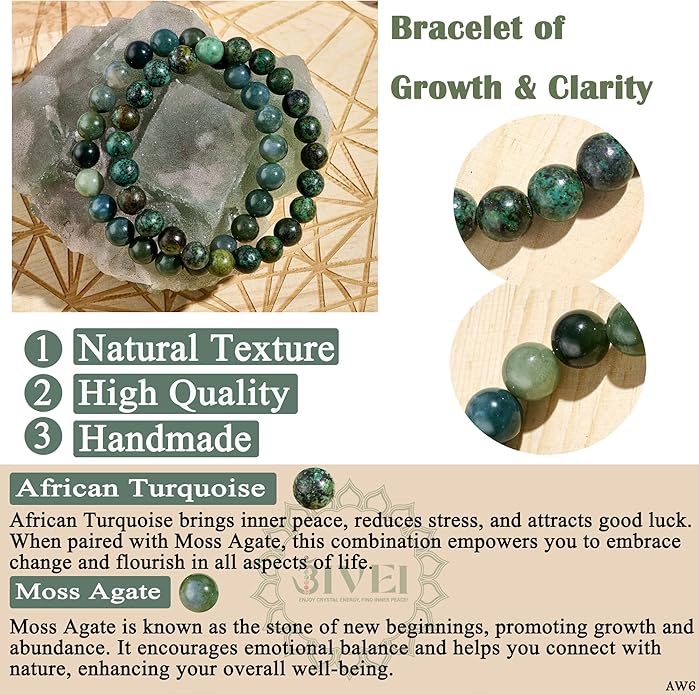 Bivei Natural Gemstone Semi Precious Healing Crystals Handmade Stretchy Round Beads Bracelet, Enhance Positive Energy