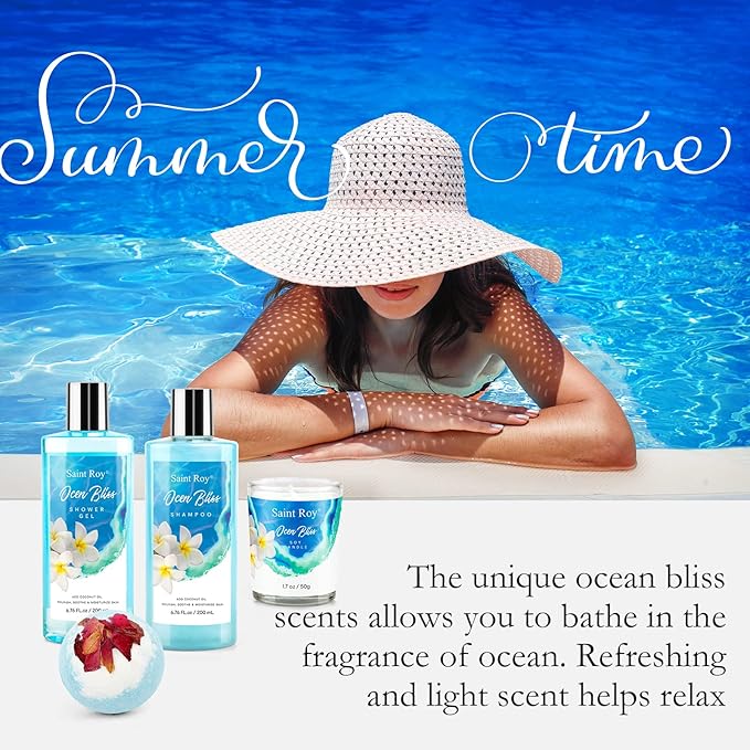 Bath & Body Gift Set, Bath Basket Spa kit Gifts for Her Him Birthday Gifts for Women, Luxury Home Spa Kit, 8pcsChristmas Gifts for Women Ocean Vanilla, Spa Gift Baskets, Unique Mother's Day Gifts