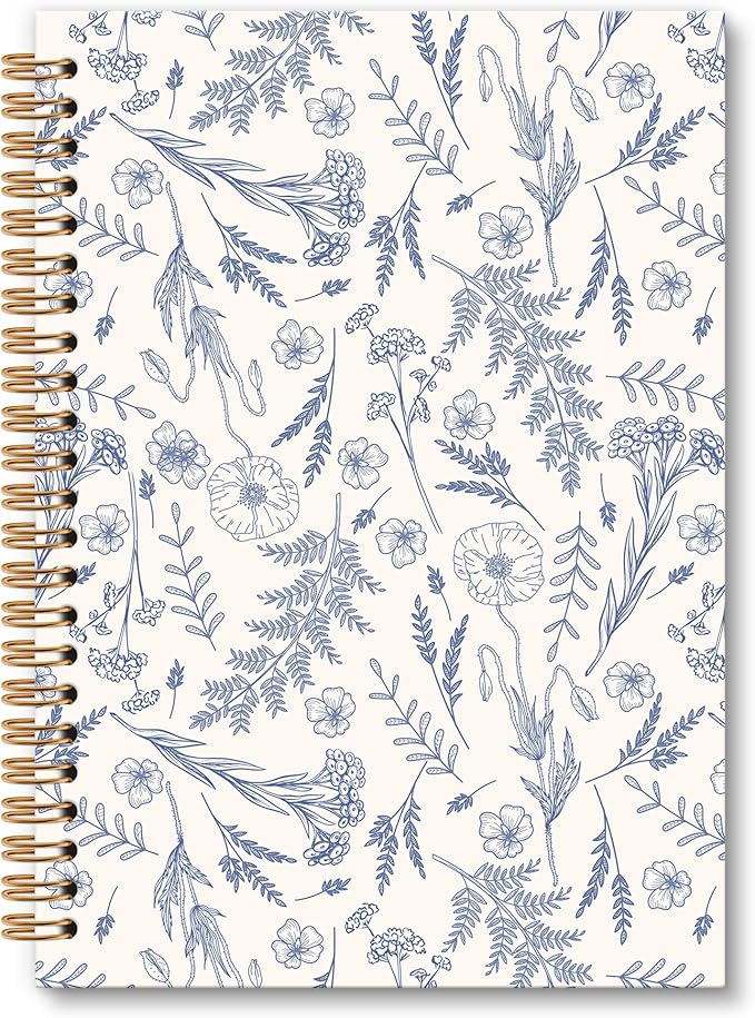 Blue Floral Notebook Journal - Floral Journal, Flower Notebook, Flower Botanical Spiral Notebooks, Blue Aesthetic Notebooks for Women, Grandmillennial Decor School Office Supplies, 6x8.2In