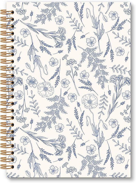 Blue Floral Notebook Journal - Floral Journal, Flower Notebook, Flower Botanical Spiral Notebooks, Blue Aesthetic Notebooks for Women, Grandmillennial Decor School Office Supplies, 6x8.2In
