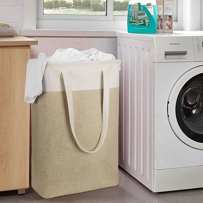 Laundry Hampers Tall Slim Laundry Baskets Thin Foldable Clothes Narrow Hamper for Laundry Storage Organizer Collapsible Hamper with White and Brown Imitated Burlap Patchwork,QY-SC24-2