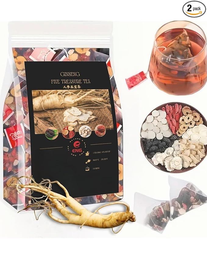 60 Pcs Ginseng Six Treasures Tea，Kidney Tea Formula with WolfBerry & Mulberry，Six Treasures Natural Herbal Tea for Men & Women ， 6 Precious Ingredients Formula (2 Bags/60 Pcs)