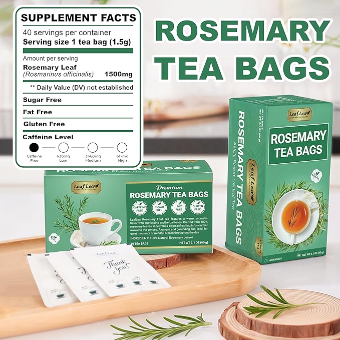 LeafLea 80 Rosemary Leaf Tea Bags, 100% Pure Rosemary Herbal Tea, Gentle Digestive Comfort & Relaxing, Te De Romero Featuring Subtle, Natural Flavor, Caffeine-Free, Sugar-Free, Non-GMO, Vegan