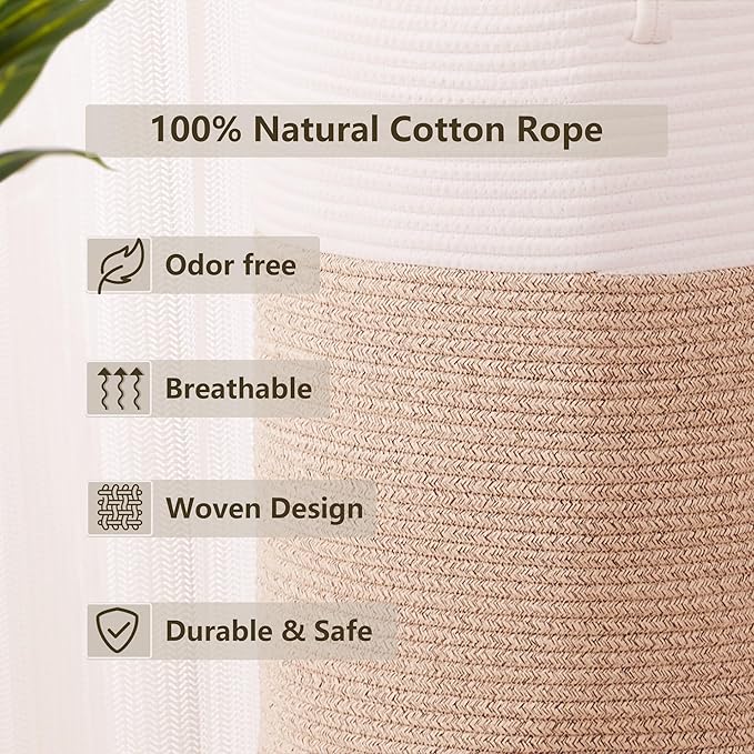 Hamper Laundry Basket Tall Woven Clothes Hamper for Baby Girls Nursery Kids Cotton Rope Blanket Basket in Living Room Bathroom Bedroom Brown 60L Large Capacity