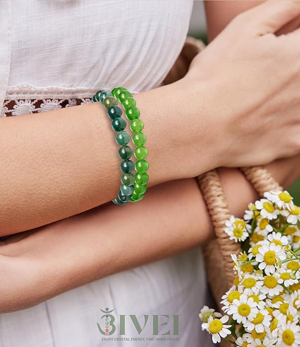 Bivei Natural Gemstone Semi Precious Healing Crystals Handmade Stretchy Round Beads Bracelet, Enhance Positive Energy