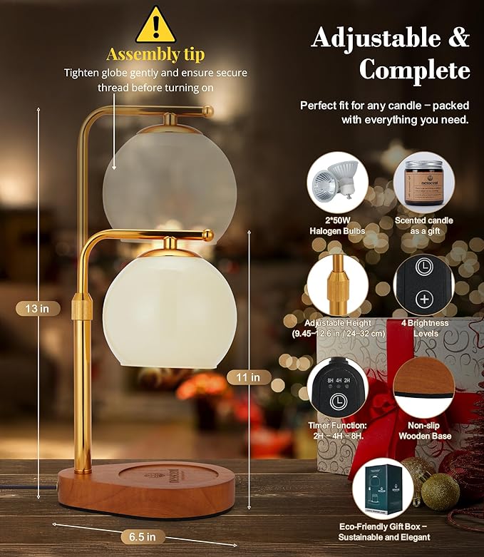 Ivory Glass Candle Warmer Lamp with Adjustable Height Dimmer and 2 4 8 Hour Timer Includes Scented Candle and 2 Bulbs Dark Wood Base for Cozy Bedroom Living Room Spa