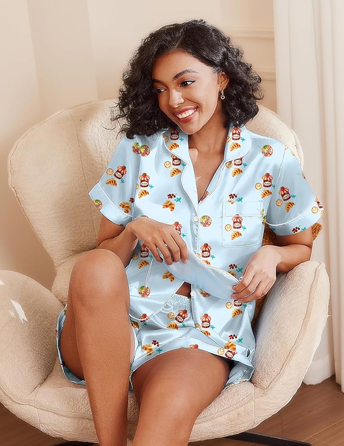 Ekouaer Silk Pajamas for Women Short Sleeve Sleepwear Soft Button Down Loungewear 2 Piece Satin Pjs Shorts Set S-XXL