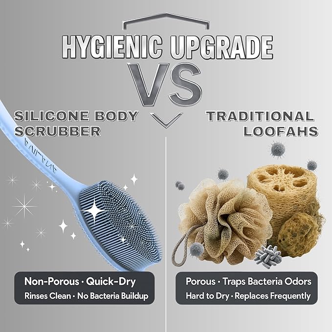 Avilana Silicone Body Scrubber – Gentle Shower Brush & Loofah Alternative- Food Grade & Lab Tested – Fast-Drying, Hygienic, BPA-Free Silicone Body Gentle Exfoliator (Blue, Long Handle)