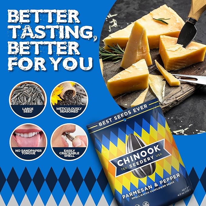 Chinook Seedery Roasted Sunflower Seeds - Jumbo Seeds Keto Snacks - Best For Snack Packs - Gluten Free, Non GMO Snack Food Gifts - 4 Ounce (Pack of 3) - Parmesan & Pepper Flavor Pack