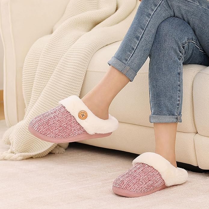 Evshine Warm Knit House Slippers for Women Comfy Wool-Like Lined Chenille Slippers with Memory Foam and Indoor Outdoor Soles