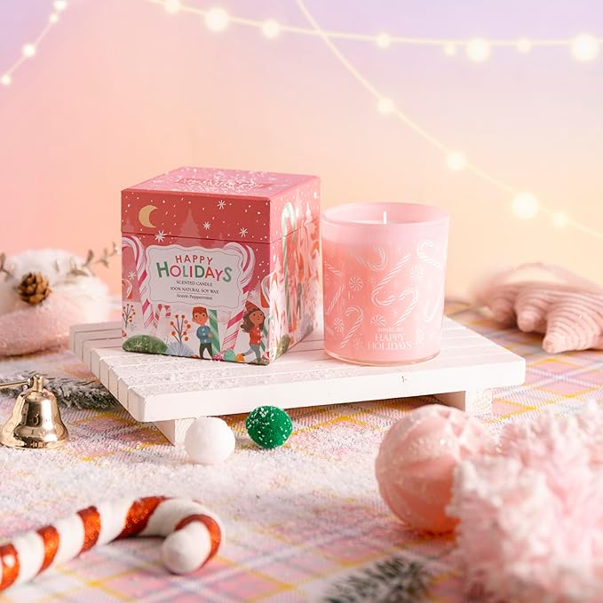 ROMIIE ZOI Christmas Scented Jar Candle - 6oz Soy Wax Candle - Happy Holidays Infused with Peppermint Aroma - with Beautiful Keepsake Box Special for Christmas/Holiday Gifts