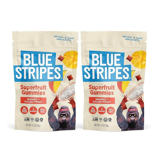 Blue Stripes Cacao Superfruit Gummies - Vegan Chewy Fruity Snack, No Sugar Added 100% Fruit Gummy, 9 Essential Vitamins & Minerals, Natural Tropical Superfood - Mango & Cacao, 3.2 oz (2 Pack)