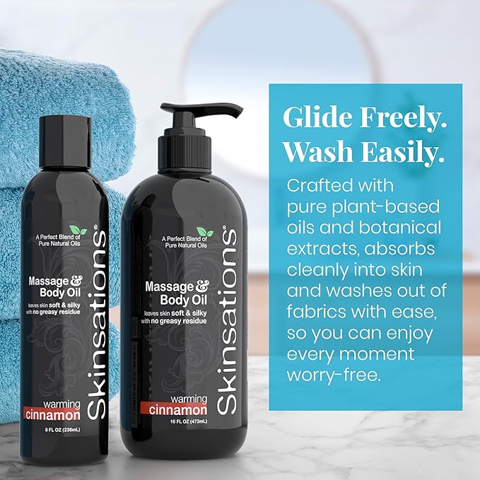 Skinsations - Cinnamon Massage Oil for Massage Therapy - 8oz | Naturally Warming Body Oil for Comfort & Aromatherapy | Sweet Almond, Coconut, Jojoba & Grapeseed Oils