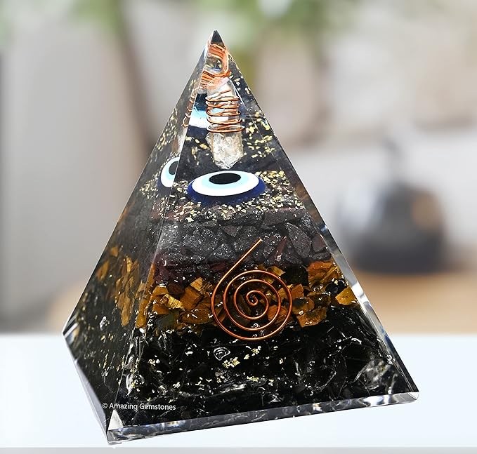Amazing Gemstone Organite Orgone Pyramid Extra Large 95MM - Orgone Energy Pyramid with Evil Eye, Hematite, Tiger Eye,Black Obsidian Crystals&Healing Stone - Orgonite Pyramids Crystals&Positive Energy