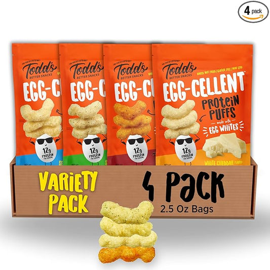 Todd's Better Snacks Egg-Cellent Protein Puffs, Variety Pack – 12g Protein, Gluten-Free, Paleo-Friendly, Baked, GLP-1 Compliant – Healthy Snack, Made with Egg Whites – 2.5 Oz (Pack of 4)