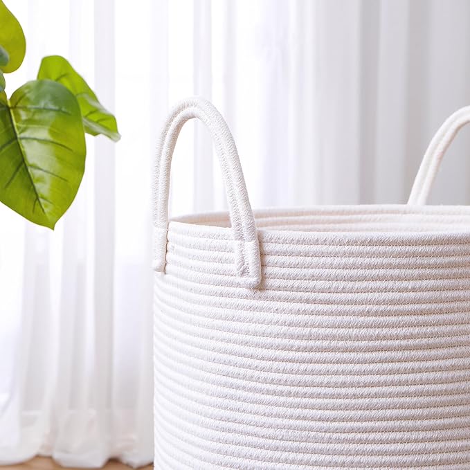 60L Pure White Woven Hamper Laundry Basket Cotton Rope Blanket Basket for Living Room 20 inches Tall Clothes Hamper for Baby Nursery Kids in Bedroom