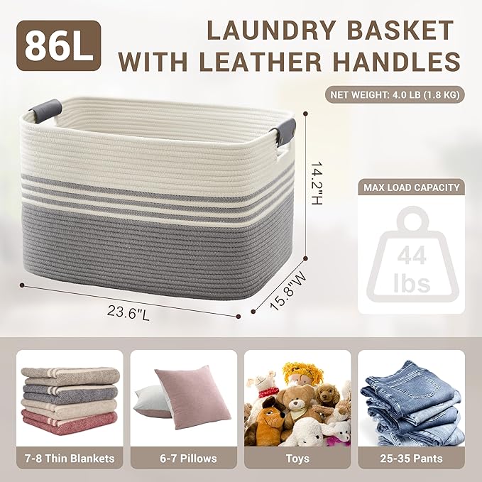 86L Extra Large Laundry Basket with Leather Handles for Living Room Storage, Woven Rope Baskets for Blanket, Kids Toy, Gifts, Wicker Hamper for Bedroom Dirty Clothes, 24"x16"x14" White Grey
