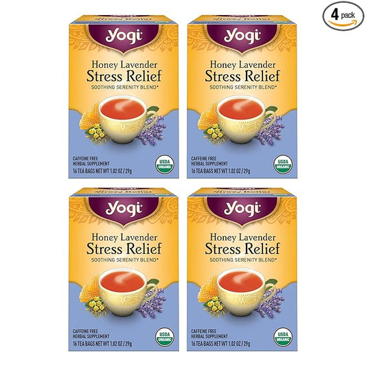 Yogi Tea Honey Lavender Stress Relief - 16 Bags per Pack (4 Packs) - Organic Chamomile Lavender Tea - Includes Lemon Balm, Lemongrass, Spearmint Leaf, Peppermint Leaf, Honey Flavor & More