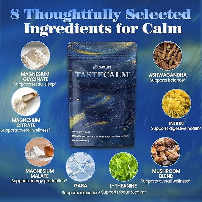 Calm Magnesium Powder, Ashwagandha, L-Theanine, GABA & 6 Mushrooms | Magnesium Glycinate Supplement for Relaxation & Calm Support | Non-GMO, Gluten-Free, Blueberry Flavor, 6.35oz