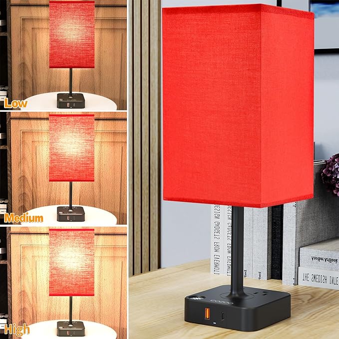 cozoo USB Bedside Table Desk Lamp with 2 USB Charging Ports and 2 Outlets Power Strip,Dimmable Table Lamp with Red Fabric Shade, LED Light for Bedroom/Nightstand