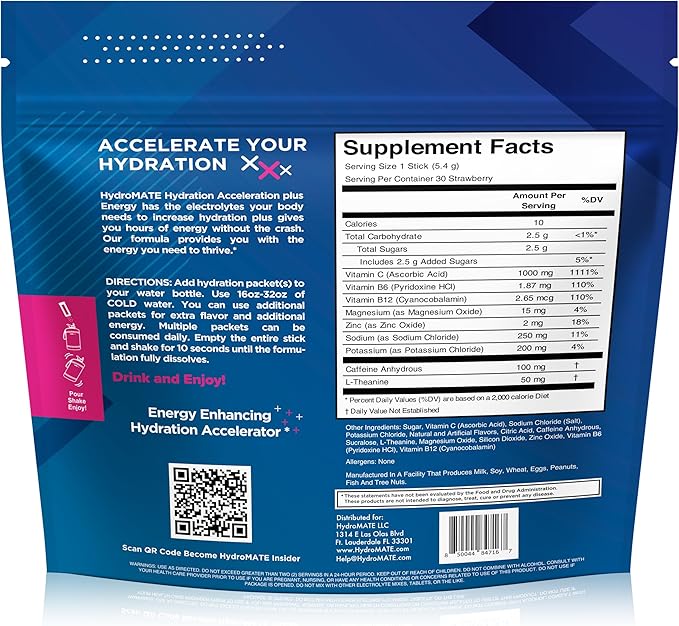 HydroMATE Electrolytes Powder Drink Mix Packets Hydration Accelerator Low Sugar Rapid Party Relief Recovery Vitamin C Plus Caffeine Strawberry 16 Count