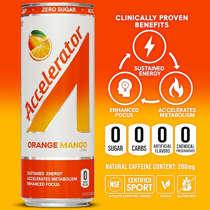 Accelerator Energy Drink Sugar Free, Orange Mango 12oz can(12 pack)Zero Sugar Energy Drinks with Sustained Energy from 100% Natural Caffeine (200mg) & Green Tea extract