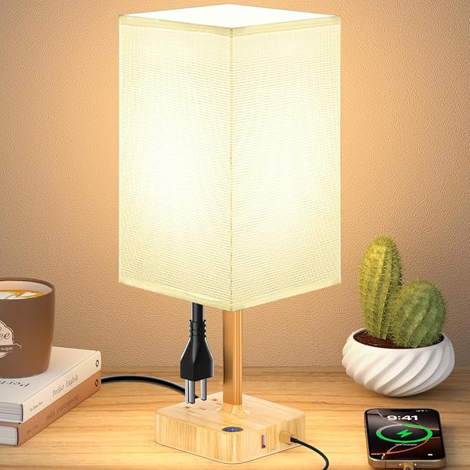 cozoo USB Bedside Table Desk Lamp with 2 USB Charging Ports and 2 AC Outlets,Dimmable Nightstand Lamp with Charger Base White Fabric Shade, LED Light Lamp for Bedroom/Nightstand/Living Room