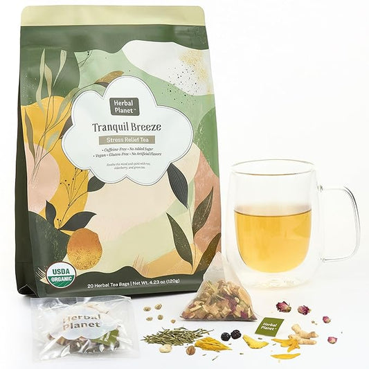 Herbal Planet Stress Relief Tea – Daily Relaxation & Emotional Balance Blend | Green Tea, Elderberry, Turmeric, Rose & Monk Fruit | 20 Tea Bags (4.23oz / 120g)