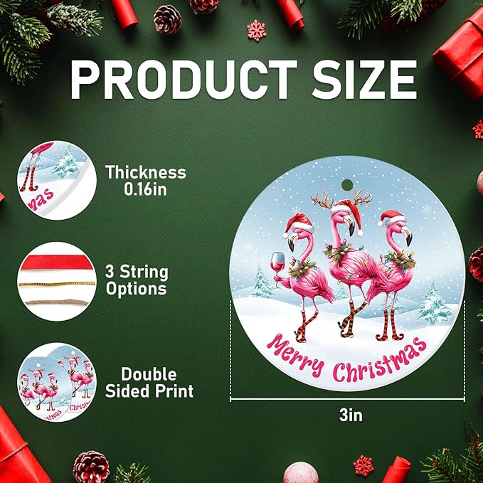 34HD Flamingo Christmas Ornament Ceramic 2-Side Printed, Flamingo Gifts for Men Women, Christmas Hanging Decorations