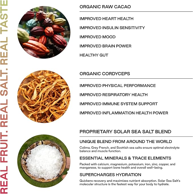 Know Brainer Purest Electrolyte Chocolate Cordyceps Powder Packets – Whole Food Hydration - Fermented Cacao and Solar Sea Salts for Ultimate Electrolyte Balance