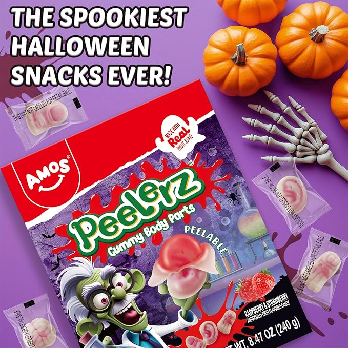 AMOS Halloween Peelerz Body Parts Gummies Candy - Party Treats & Trick or Treat Favors for Kids, Fun Snacks for Adults, Individually Wrapped Pieces, 240g (8.47oz) Bag
